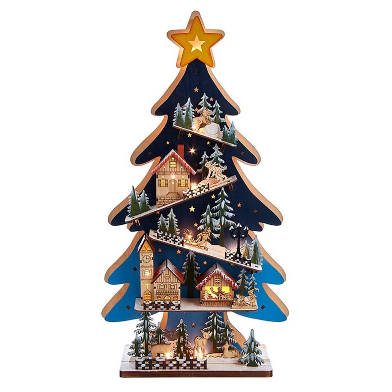 Battery-Operated Light-Up Led Wooden Christmas Tree With Village Scene