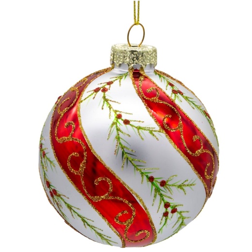 80Mm Glass Red & White Holly Leaves Ball Ornaments, 6 Piece Box