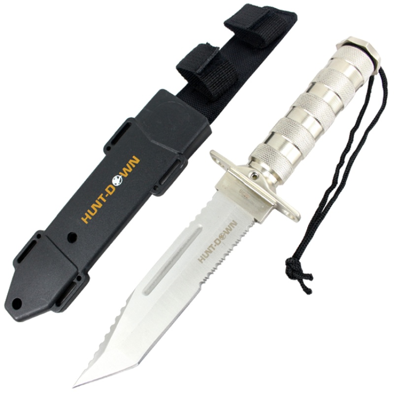 Hunt-Down 12" Chrome Color Fixed Blade Survival Knife - Survival Kit & Compass