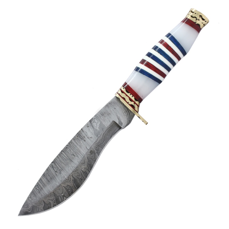 Theboneedge 13" Damascus Blade Hunting Knife White/Red/Blue Handle With Leather Sheath