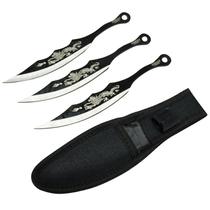 Defender-Xtreme 3 Pcs 7" Throwing Knives Set Two Tone Blade With Dragon Printing