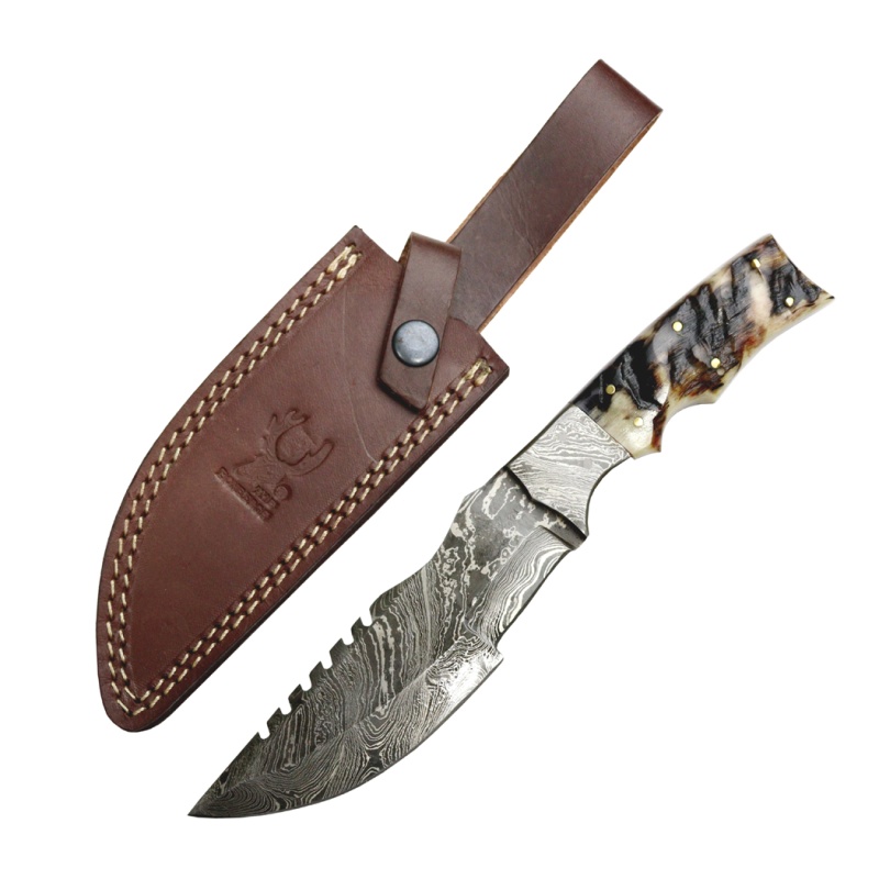 Theboneedge 10.5" Damascus Steel Fixed Blade Full Tang Black Ram Horn Handle Hunting Knife