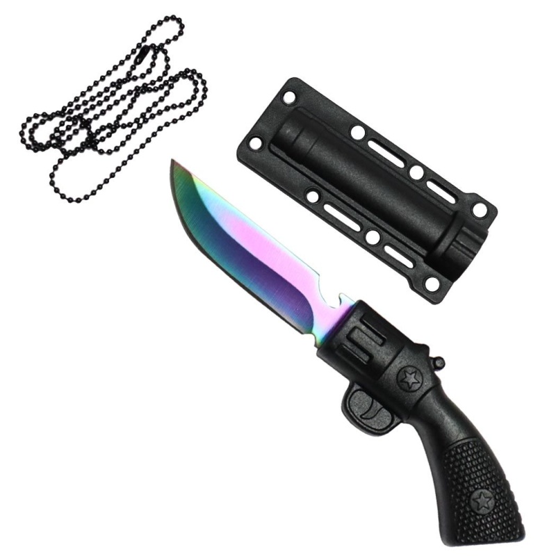 Defender-Xtreme 5.5" Rainbow Hunting Gun Style Knife W/ Necklace 3Cr13 Steel