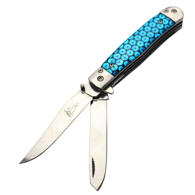 Theboneedge 7.5" Double Blade Blue Glitter Handle Steel Bolster Pocket Folding Knife