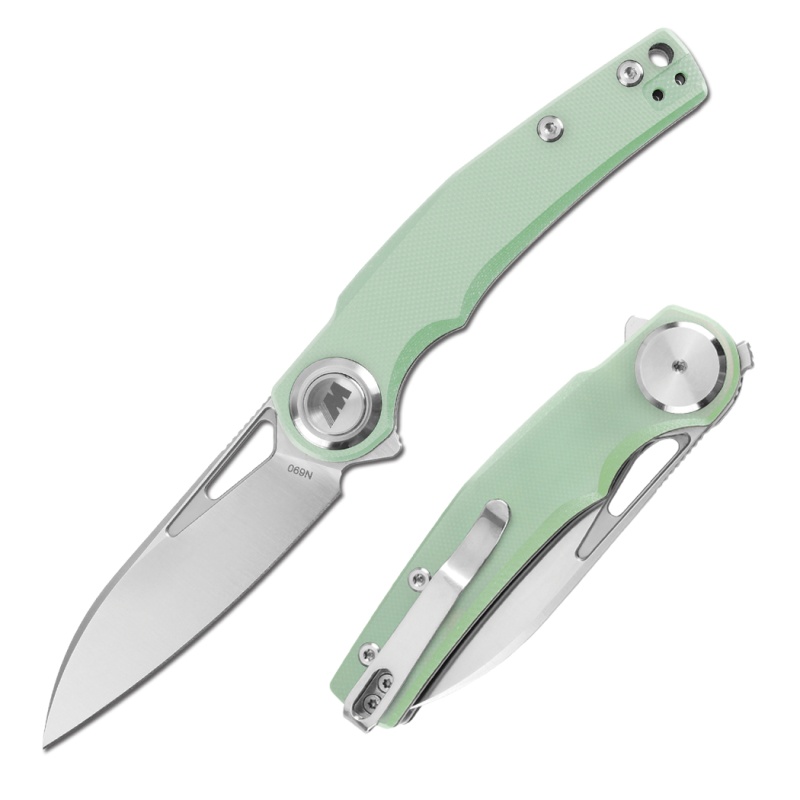 8" Transparent Green G10 Handle Button Opening Stain Finish N690 Blade Ball Bearing Folding Knife With Box