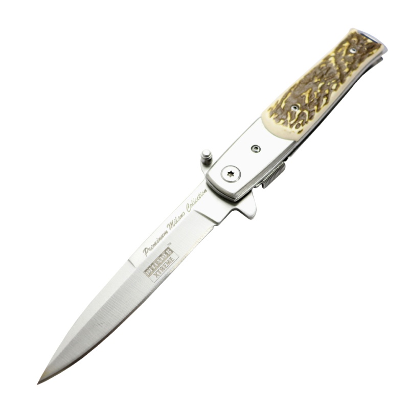 Defender Xtreme 9" Spring Assisted Folding Knife Derlin Stag Handle Stain Bolster With Belt Clip