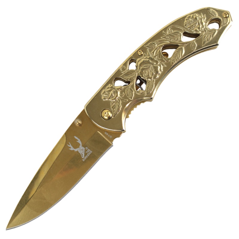 TheBoneEdge 8" Spring-Assisted Knife with Strap Holder – Gold