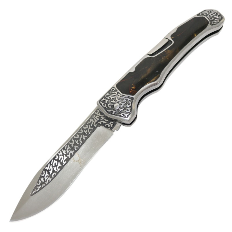 Theboneedge 9" Classic Western Folding Knife Stainless Steel Brown Pearl Handle