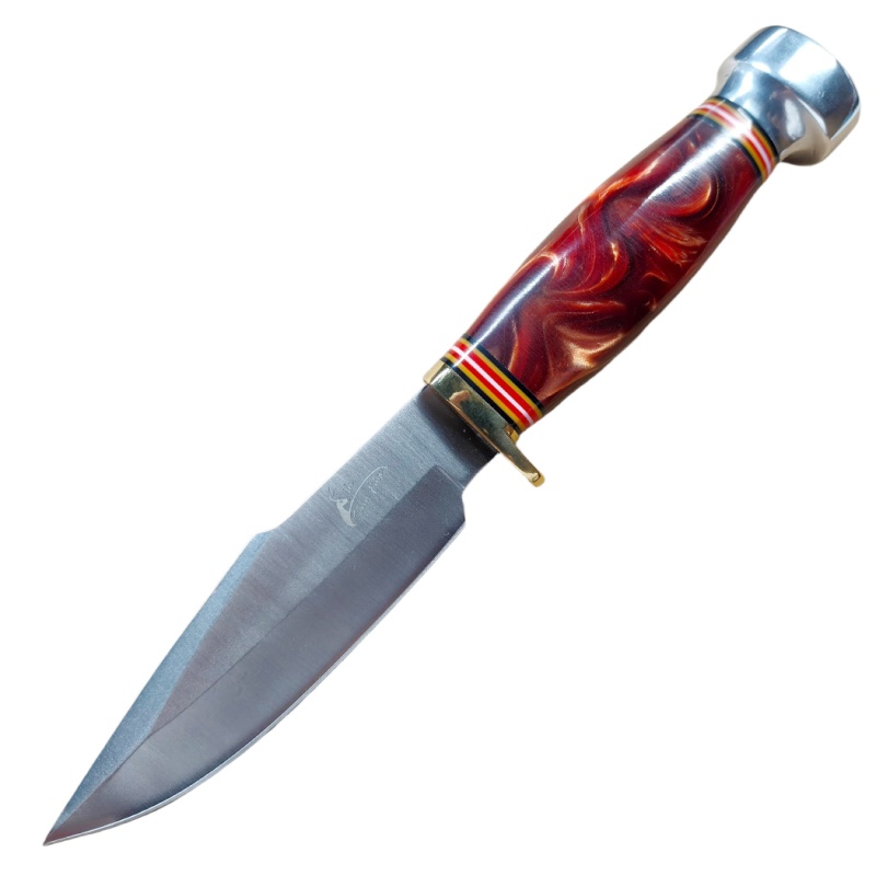 Theboneedge 9.05" Fixed Blade Stainless Steel Hunting Knife With Red Swirl Resin Handle