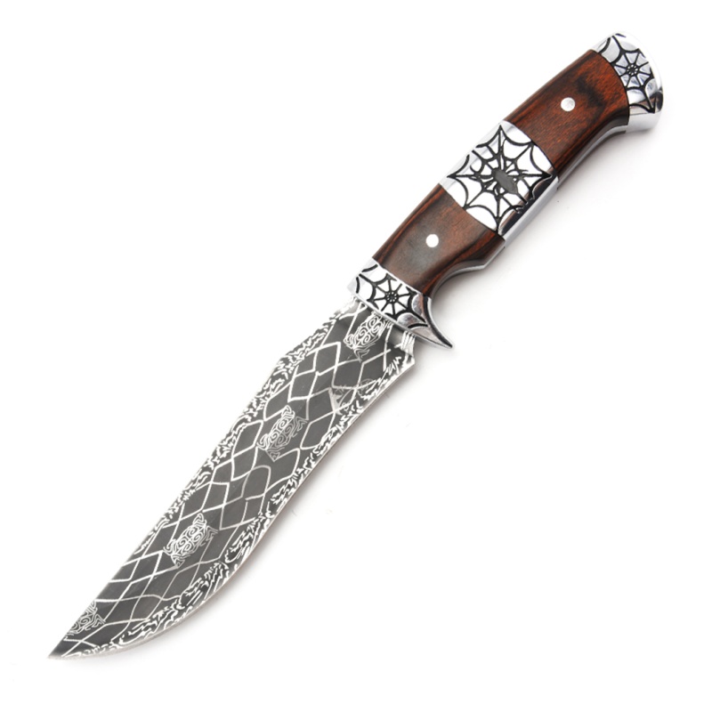 Theboneedge 13.5" Spider Web Bowie Knife – Electric Etched Blade, Al Alloy Handle With Pakkawood