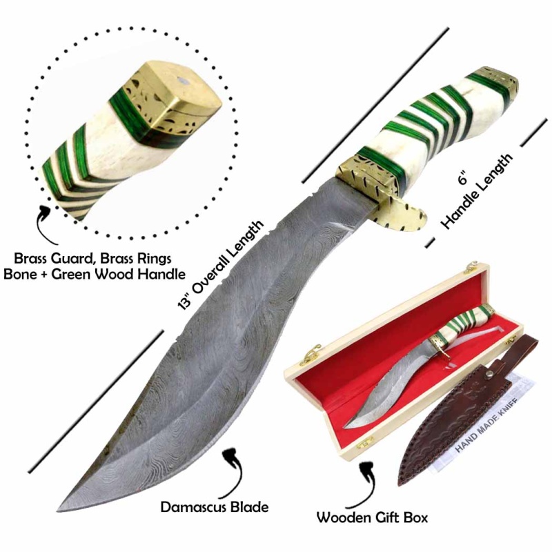 Theboneedge 13" Damascus Blade Hunting Knife White & Green Handle Leather Sheath