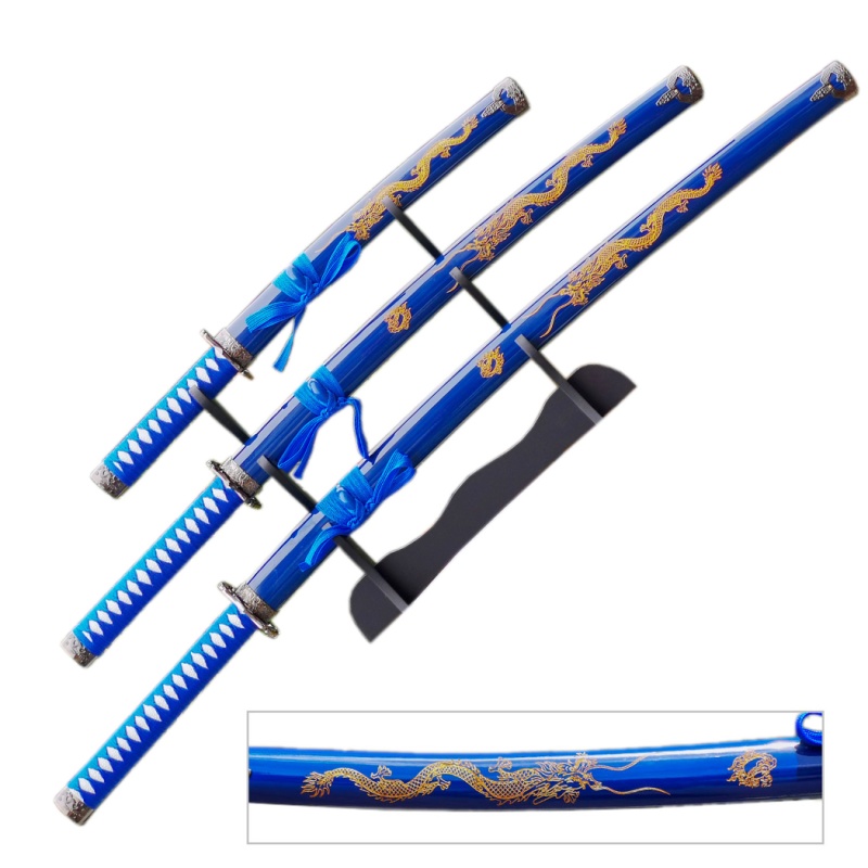 3-Piece Blue & Gold Dragon Samurai Sword Set With Display Stand – Carbon Steel Blade