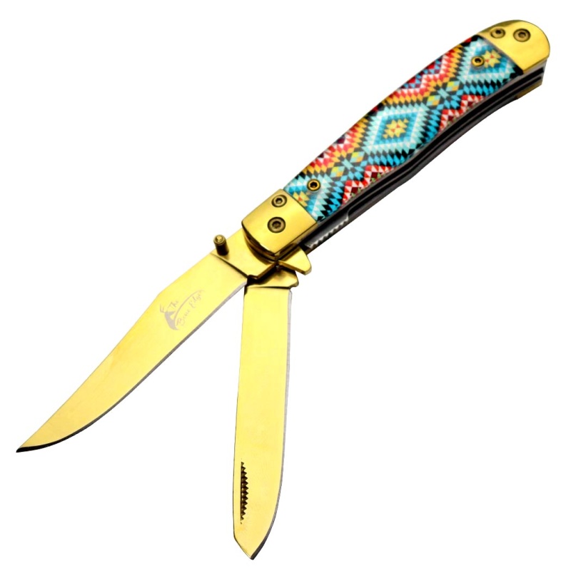 Theboneedge 7.5" Gold Color Double Blade Steel Bolster Pocket Folding Knife