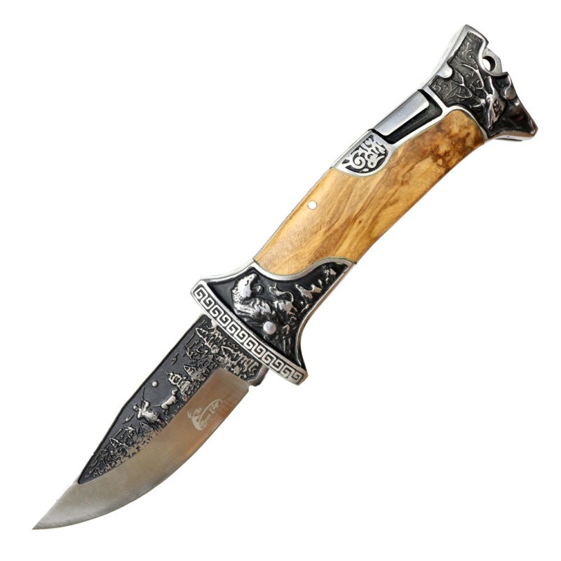 Theboneedge 9" Olive Wood Handle Engraved Folding Knife