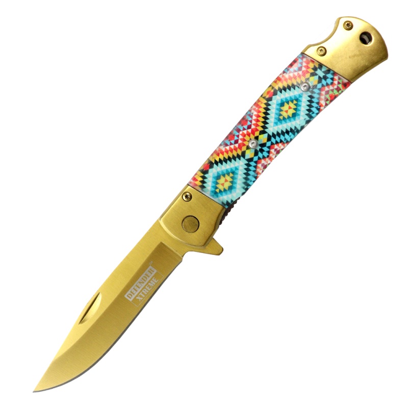 Defender Xtreme 9" Gold Blade 3D Printed Pattern Handle Steel Bolster Spring Assisted Folding Knife
