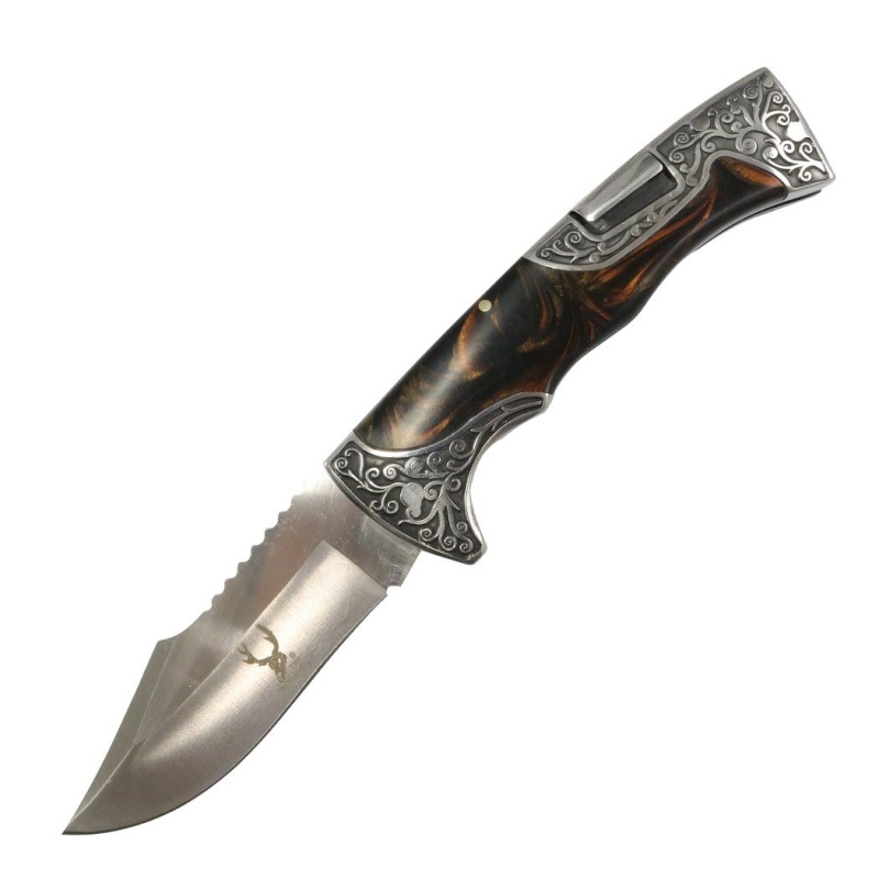Theboneedge 9" Marble Handle Engraved Design Folding Knife 3Cr13 Steel