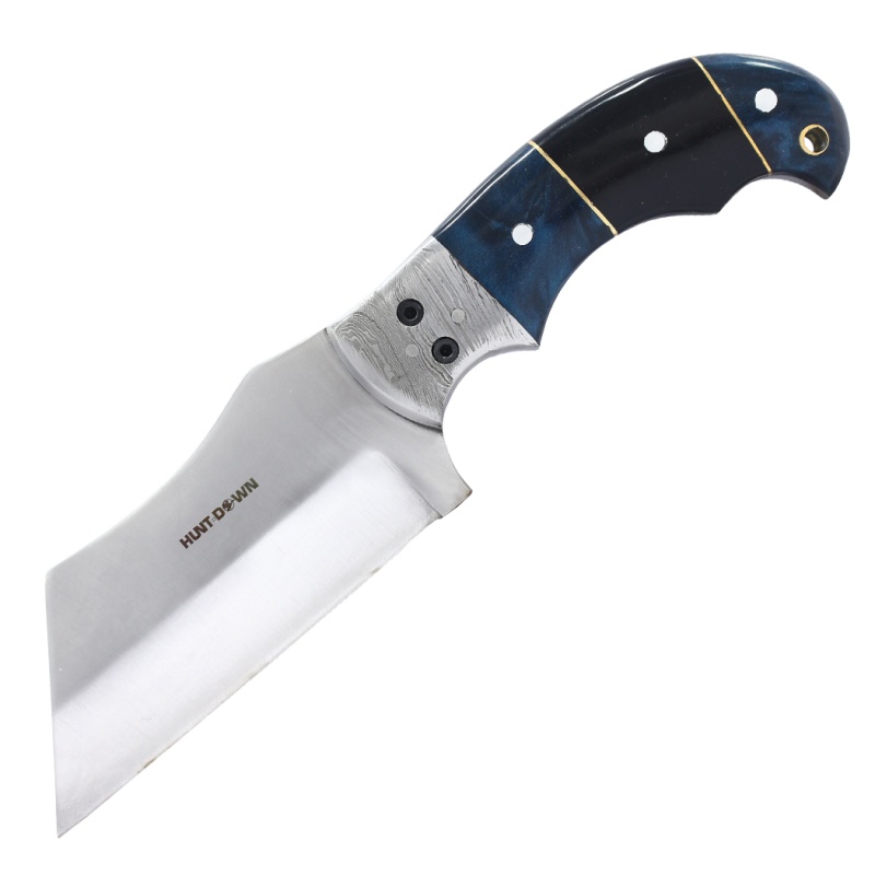 Hunt-Down 9" Blue & Black Resin Handle Damascus Bolster Hunting Knife With Leather Sheath