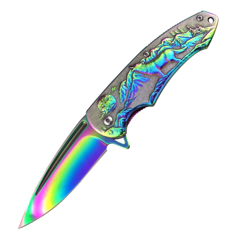 All Rainbow Color Fantasy 3D Sculpted Wolf Handle Spring Assisted Folding Knife With Belt Clip