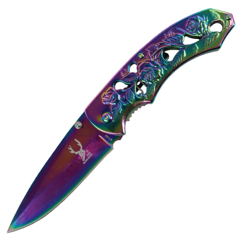 Thebodeedge 8" Spring Assisted Tactical Sharp Knife With Strap Holder - Rainbow