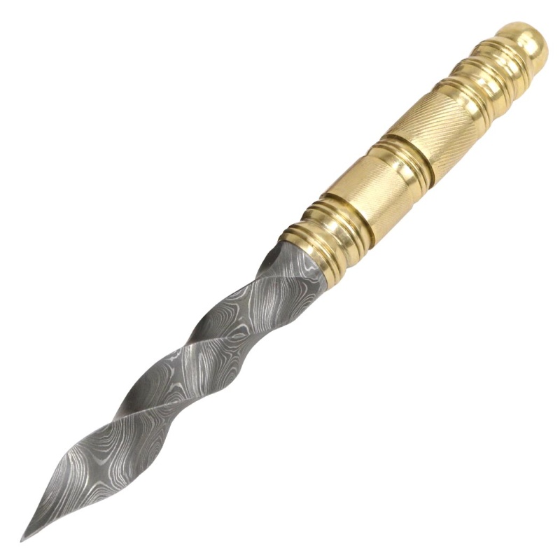 Theboneedge 10" Damascus Folded Steel Twist Dagger Gold Handle Leather Sheath