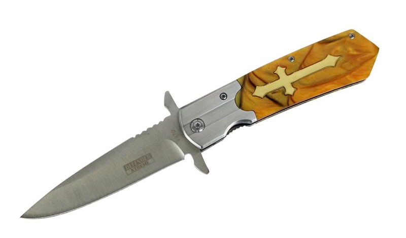 Defender Xtreme Spring Assisted Knife With Amber Cross Handle