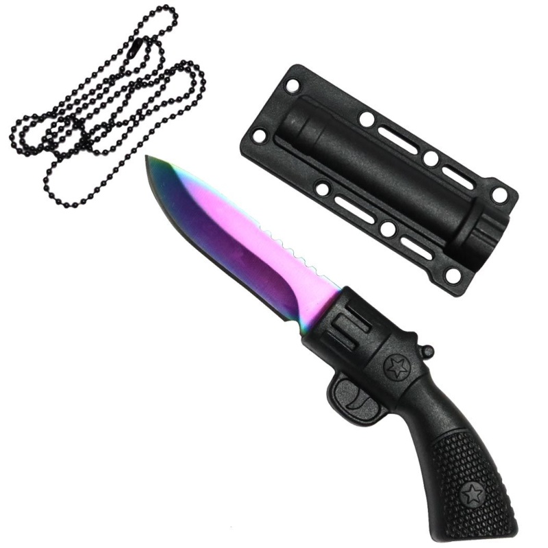 Defender-Xtreme 5.5" Rainbow Hunting Gun Style Knife W/ Necklace 3Cr13 Steel