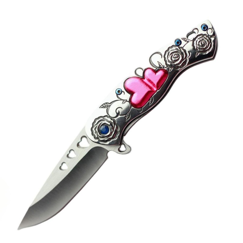 Theboneedge 6.85" Folding Pocket Knife With Pink Heart & Silver Rose Engraved Handle