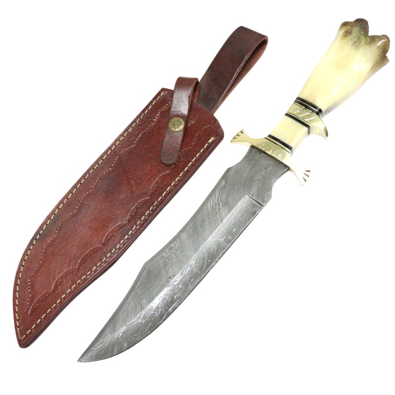 Theboneedge 17" Damascus Steel Custom Hand Made Hunting Knife Horn Handle With Sheath