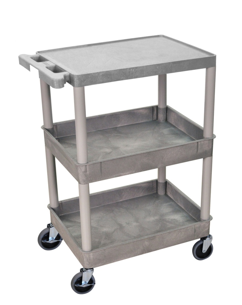 Gray 3 Shelf Cart W/Top Shelf Flat/Bottom Shelves Tub Item Stc211-g