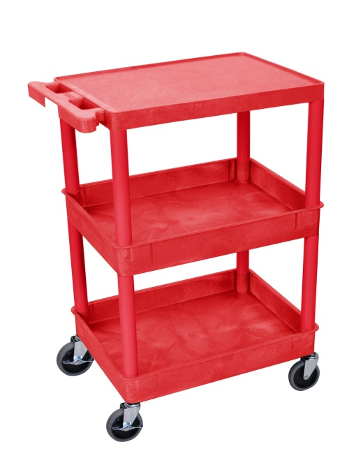 Red 3 Shelf Tub Cart - Top Shelf Flat and 2 Shelves Tub