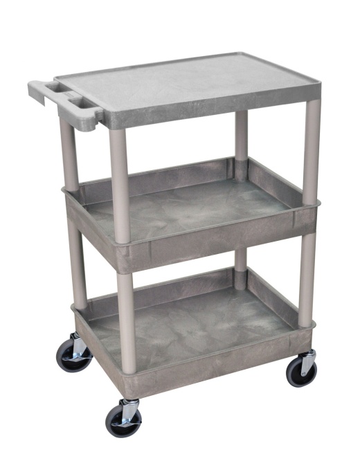 Gray 3 Shelf Cart w/Top Shelf Flat/Bottom Shelves Tub