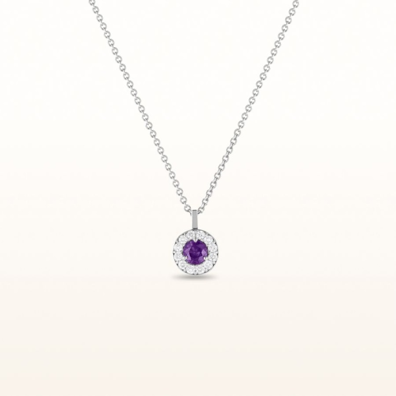 Round 3.0 Mm Amethyst And Diamond Margarita Halo Pendant In 14Kt White Gold