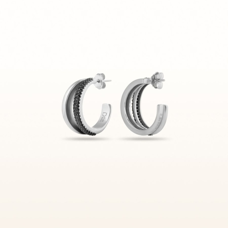 Black Spinel Pave Hoop Earrings In 925 Sterling Silver