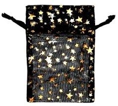 Organza Bags - Star Print - Black With Silver & Gold