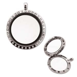 Floating Locket Pendant - Silver Plate Round With Stones