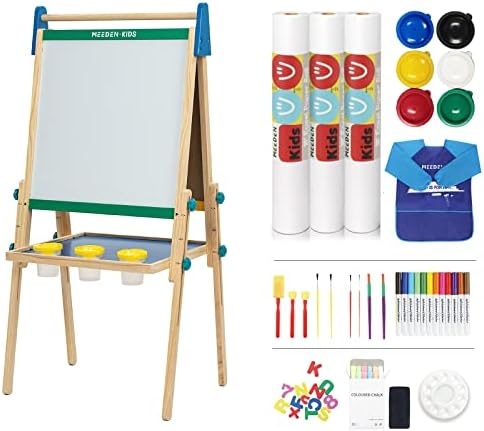 Meeden Kids Art Easel All-In-One, Dual-Sided Magnetic Chalkboard &  Whiteboard, Adjustable Standing Toddler Easel With 3 Paper Rolls, 6 Finger  Paints And Accessories, Painting Easel For Kids 3-12