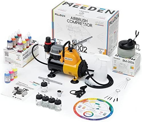 Meeden Airbrush Kit With Compressor, Professional And Quiet Airbrush System With 3 Dual-Action Airbrushes, 24 Colors Airbrush Paint, Hose, Holder, Cleaning Pot, How-To Guide, For Artist & Beginners