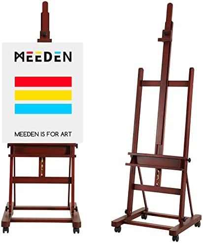 Meeden Extra Large H-Frame Studio Easel 75" To 146", Holds Canvas Up To 93", Adjustable Tilting Artist Easel With Storage Tray, Solid Beech Wood Art Easel With Wheels For Adults(Walnut Color)