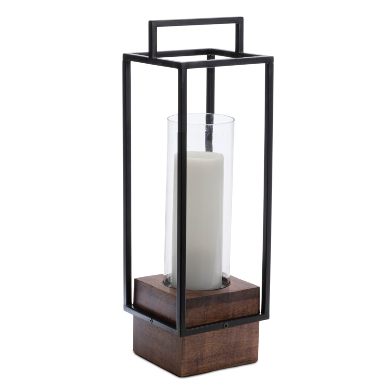 Candle Holder 6.5"Sq x 20"H Iron/Wood with Glass