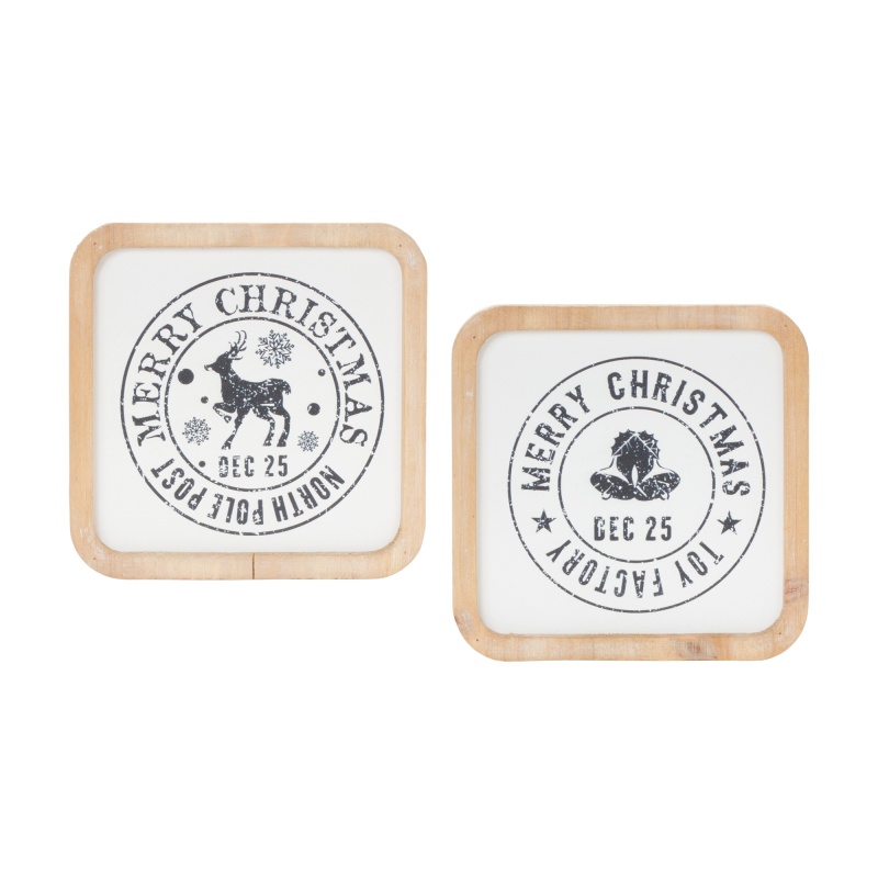 Christmas Mail Stamp Plaque (Set of 12) 5"Sq MDF/Wood