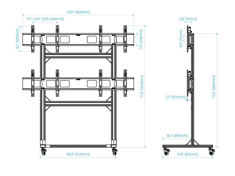 Monoprice Commercial Series 2X2 Video Wall Mount Bracket System Rolling Display Cart With Micro Adjustment Arms For Led Tvs 32In To 55In, Max Weight 100Lbs, Vesa Patterns Up To 600X400
