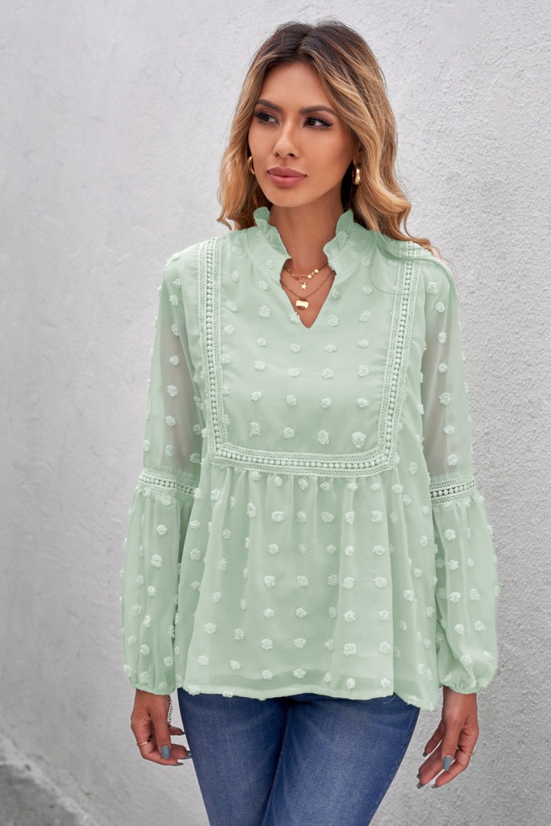 Chic Green Ruffled Split Neck Lace Hollow Out Long Sleeve Polka Dot Blouse