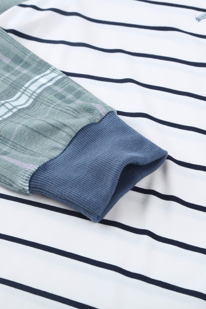 Green Plaid Raglan Sleeve White Striped Top