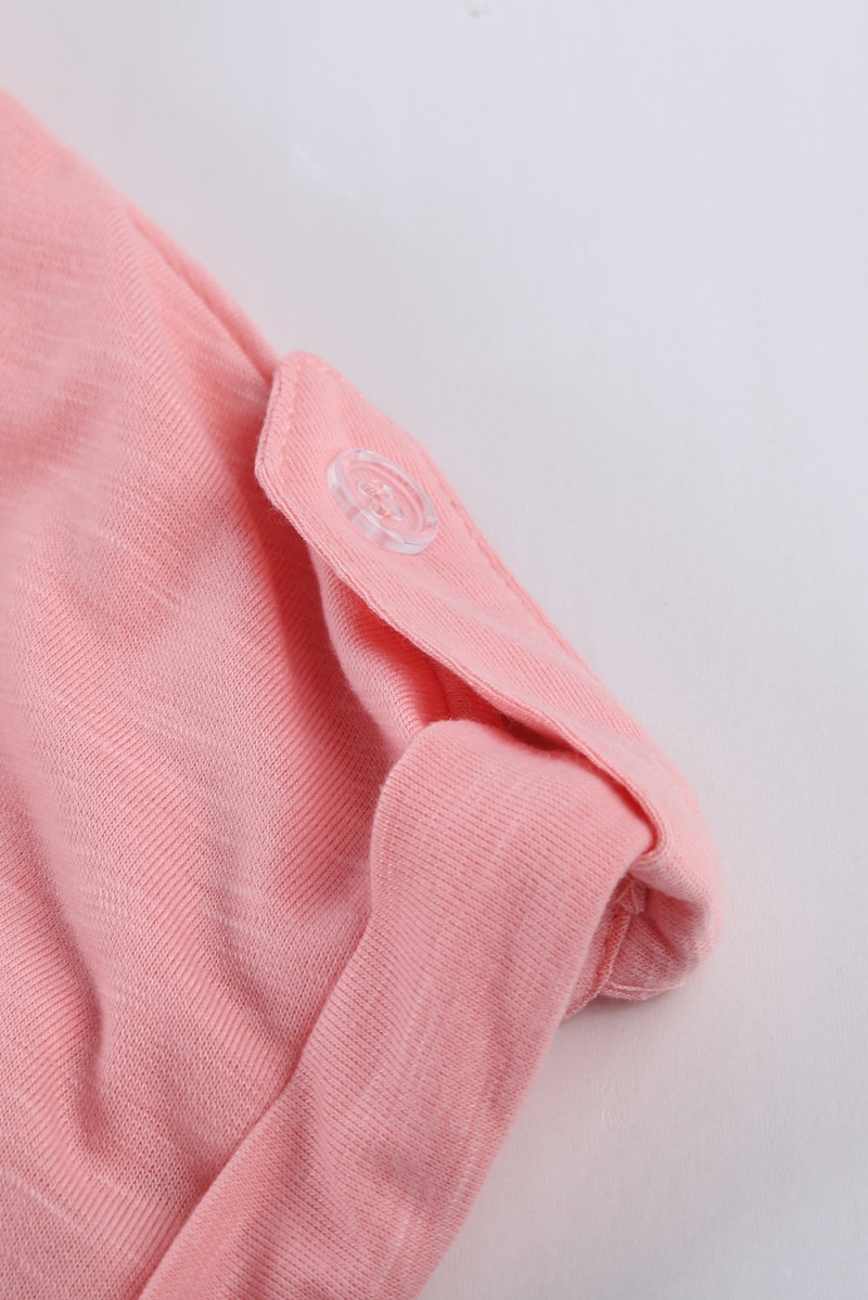 Women Old Fashioned Pink Buttoned Detail Cotton Blend Short Sleeve T-Shirt