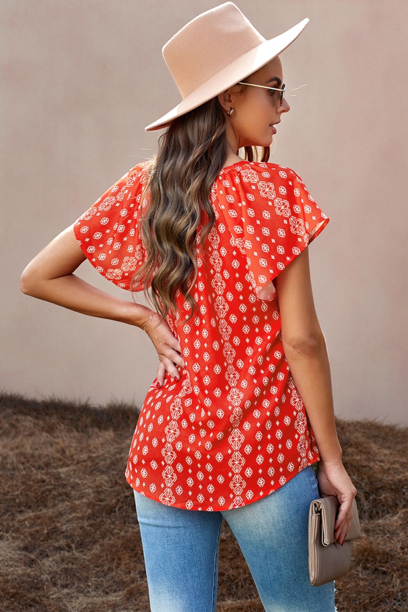 Red V-Neck Short Sleeve Fashion Print Fantasy Fluttering Blouse