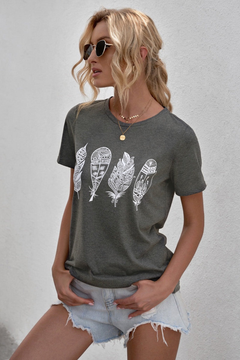 Women's Gray Geometric Feather O-Neck Short Sleeve T-Shirt