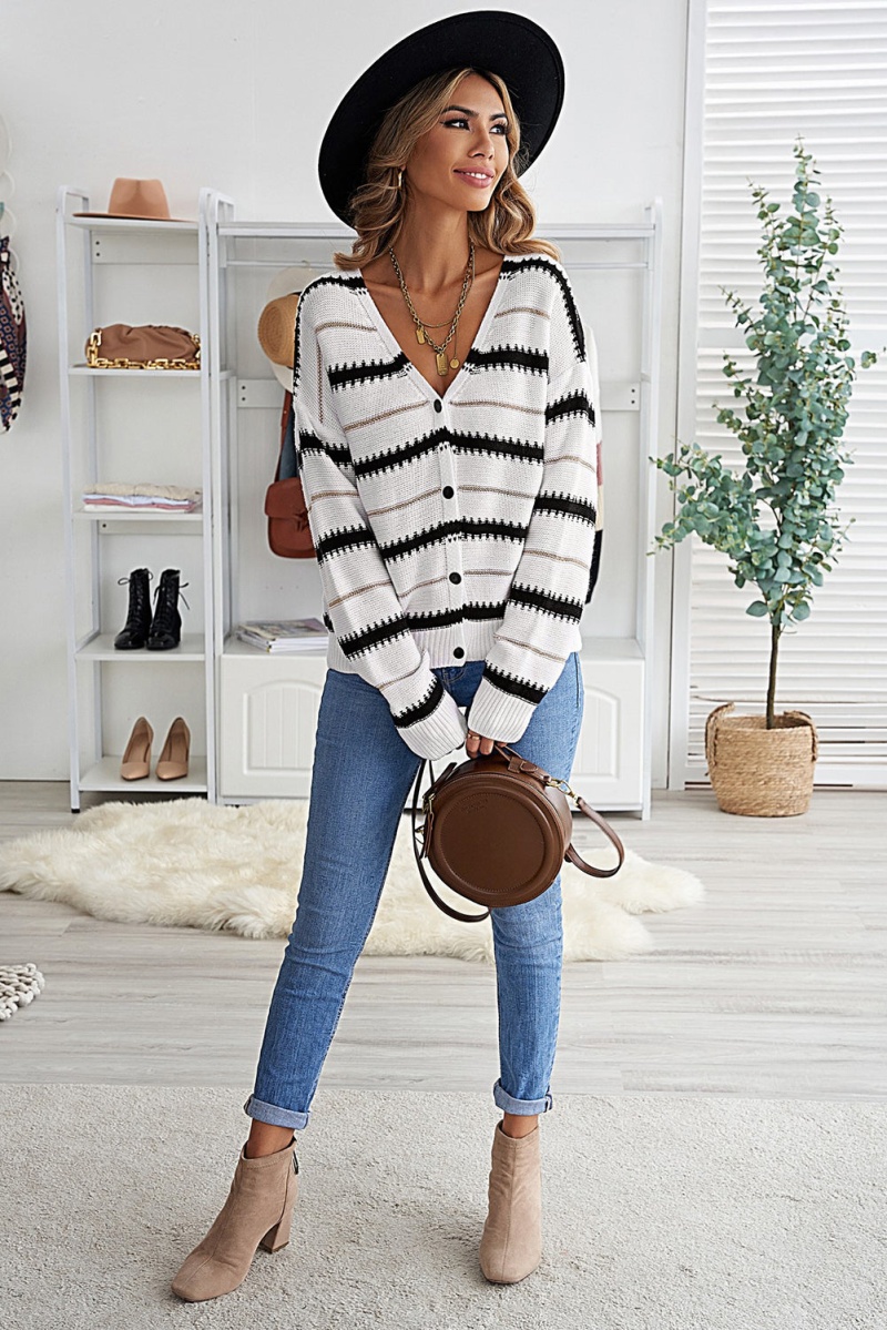 Womens White V Neck Stripes Colorblock Button Cardigan