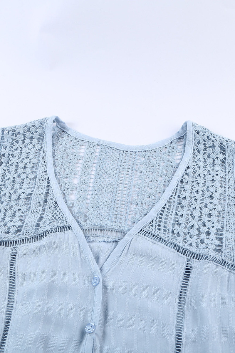 Chic Sky Blue Lace Tie Front Button V Neck Tank Top