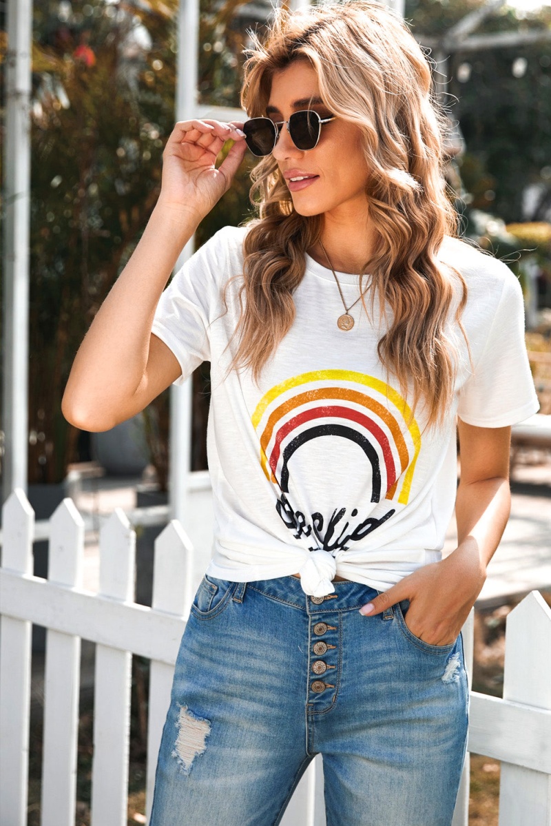 Cute White Rainbow Letter Print Short Sleeve T-Shirt