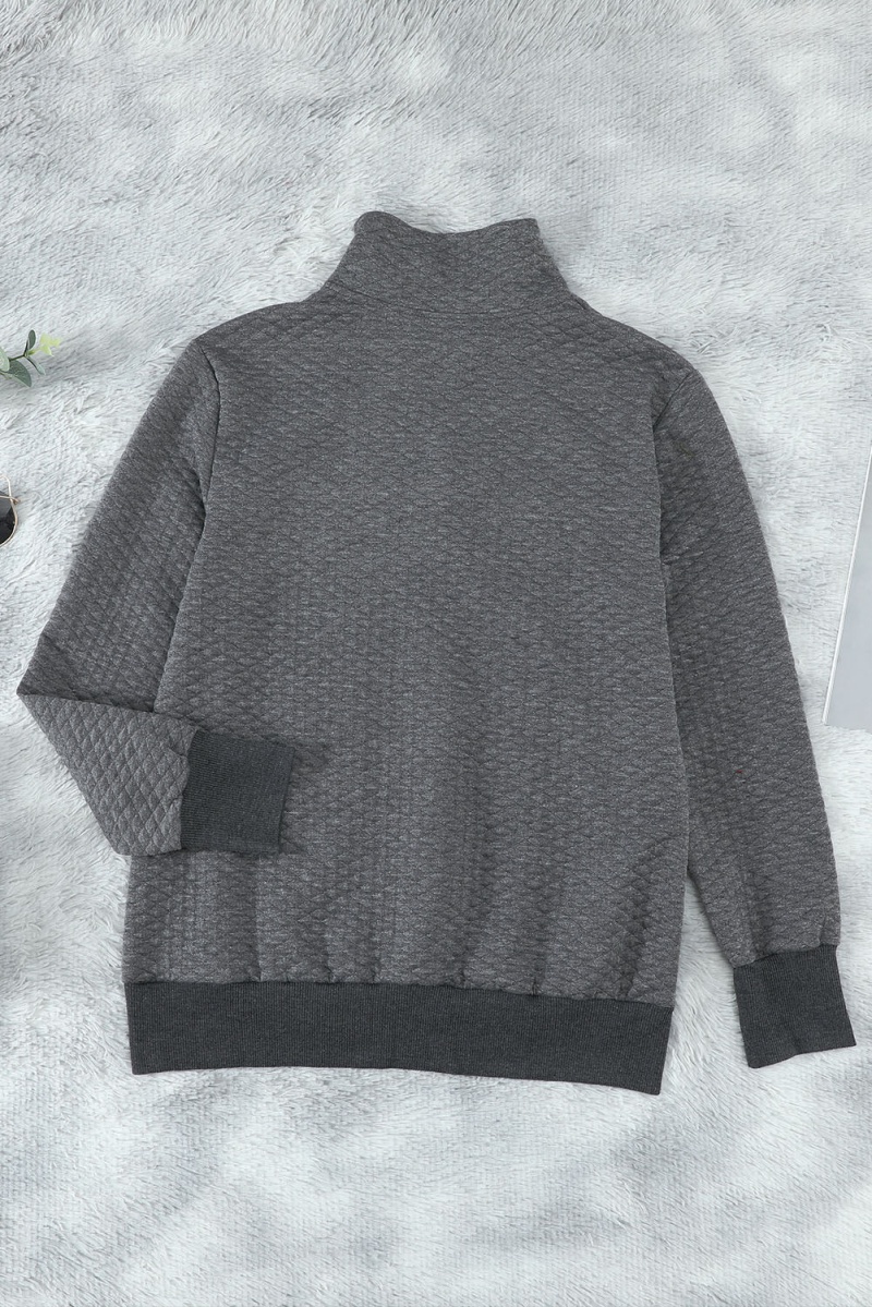 Women's Casual Dark Gray Quilted Snaps Stand Neck Sweatshirt